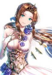 Rule 34 | 1girl, aerith gainsborough, aerith gainsborough (prism dress), blue flower, blue rose, breasts, brown hair, cleavage, corsage, detached sleeves, dress, final fantasy, final fantasy vii, final fantasy vii ever crisis, flower, green eyes, hand on own chest, haru (toyst), looking at viewer, official alternate costume, ponytail, rose, smile, solo, square enix, tiara, upper body