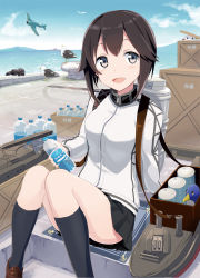 Rule 34 | 10s, 1girl, aircraft, airplane, anchor symbol, arm support, ayuya naka no hito, backpack, bag, bird, black hair, black socks, black skirt, blush, bottle, breasts, brown footwear, can, cloud, commentary request, crate, day, failure penguin, grey eyes, hayasui (kancolle), highres, jacket, kantai collection, kneehighs, loafers, long sleeves, looking at viewer, machinery, medium breasts, miniskirt, miss cloud, motion blur, mountain, ocean, open mouth, outdoors, pier, pleated skirt, seagull, shoes, short hair, sitting, skirt, sky, smile, socks, solo, track jacket, turret, turtleneck, water, water bottle, zipper