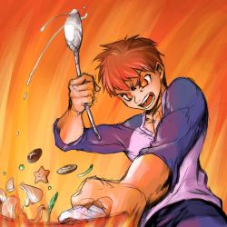 Rule 34 | 00s, 1boy, bad id, bad pixiv id, colorized, cooking, emiya shirou, epic, fate/stay night, fate (series), fire, flaming eyes, funnyari, male focus, manly, raglan sleeves, sketch, solo