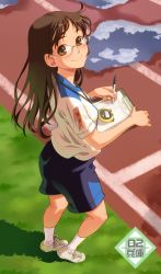 Rule 34 | 1girl, brown eyes, brown hair, chronometer, clipboard, face, glasses, gym uniform, long hair, original, pairan, pen, shorts, smile, socks, solo, stopwatch, track and field, watch