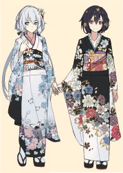 Rule 34 | 10s, 2girls, alternate costume, black hair, blue eyes, bug, butterfly, floral print, flower, full body, hair flower, hair ornament, holding hands, highres, bug, japanese clothes, kimono, konno junko, long hair, long sleeves, looking at viewer, low twintails, mizuno ai, multiple girls, musyne xsk, parted lips, red eyes, short hair, slippers, smile, standing, twintails, white hair, wide sleeves, zombie, zombie land saga