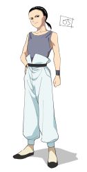Rule 34 | 1boy, black eyes, black footwear, black hair, blue shirt, chang wufei, full body, gundam, gundam wing, hand on own hip, hastune, highres, looking at viewer, male focus, pants, ponytail, shirt, simple background, slippers, solo, white background, white pants, wristband