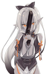 Rule 34 | 1girl, bare shoulders, black bow, blade (galaxist), bow, breasts, cleavage, cleavage cutout, closed mouth, clothing cutout, cowboy shot, dark-skinned female, dark skin, devil may cry (series), elf, greyscale, gun, hair bow, handgun, holding, holding gun, holding weapon, hololive, long hair, looking at viewer, monochrome, nail polish, obi, orange eyes, orange nails, pistol, pointy ears, ponytail, sash, shiranui flare, shiranui flare (old design), simple background, smile, solo, spot color, thighs, very long hair, virtual youtuber, weapon, white background