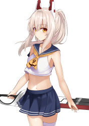 Rule 34 | 1girl, ayanami (azur lane), azur lane, bandaged leg, bandages, bare arms, black skirt, closed mouth, collarbone, commentary request, cowboy shot, crop top, expressionless, floating hair, hair between eyes, headgear, highres, holding, holding sword, holding weapon, long hair, looking at viewer, mahcdai, medium skirt, midriff, miniskirt, navel, neckerchief, pleated skirt, ponytail, school uniform, serafuku, sidelocks, silver hair, simple background, skirt, sleeveless, solo, standing, sword, weapon, white background, yellow eyes, yellow neckerchief