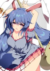 Rule 34 | 1girl, absurdres, ambiguous red liquid, animal ears, blue dress, blue hair, bottomless, breasts, cleavage, commentary request, dress, earclip, grey background, highres, kine, large breasts, long hair, looking at viewer, low twintails, mallet, medium breasts, no panties, open mouth, polka dot, polka dot background, rabbit ears, rabbit girl, rabbit tail, red eyes, sakurame, seiran (touhou), short sleeves, solo, tail, touhou, twintails