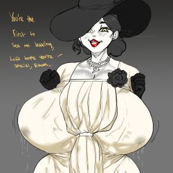 Rule 34 | 1girl, alcina dimitrescu, black flower, black gloves, black hair, blush, breasts, capcom, clothes, collar, ear piercing, english text, flower, fruitysnacks, gloves, hat, highres, huge breasts, lactation, lactation through clothes, large breasts, lipstick, looking at viewer, makeup, medium hair, open mouth, pale skin, piercing, red lips, resident evil, resident evil village, smile, solo, sun hat, vampire, yellow eyes