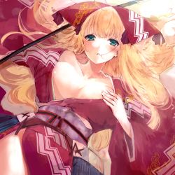 Rule 34 | 1girl, agulo, areola slip, blonde hair, blush, breasts, cleavage, collarbone, green eyes, hair spread out, hand on own chest, highres, japanese clothes, kimono, looking at viewer, obi, open clothes, open kimono, polearm, rance (series), rizna lanfebit, sash, solo, spear, weapon