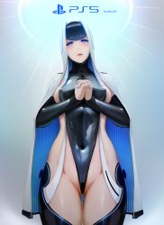 Rule 34 | 1girl, areola slip, black leotard, black sleeves, black thighhighs, blue eyes, blush, breasts, cloak, covered erect nipples, covered navel, cowboy shot, detached sleeves, frontal wedgie, game console, gluteal fold, gradient background, grey background, habit, highres, huykho192, leotard, looking at viewer, medium breasts, nail polish, open mouth, original, own hands clasped, own hands together, personification, playstation 5, product girl, pussy juice, realistic, revealing clothes, sideboob, simple background, sleeves past wrists, solo, sony, thighhighs, wedgie