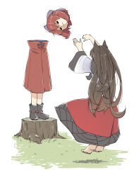 Rule 34 | 2girls, animal ears, barefoot, black eyes, black footwear, boots, bow, cloak, disembodied head, dress, full body, grass, hair bow, highres, imaizumi kagerou, looking at viewer, multiple girls, outdoors, peroponesosu., purple bow, red dress, red hair, sekibanki, short hair, simple background, standing, touhou, tree stump, two-tone dress, white background, white dress, wolf ears