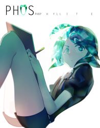 Rule 34 | ahoge, aqua eyes, aqua hair, black shirt, character name, clipboard, colored eyelashes, colored skin, crystal hair, floating, highres, houseki no kuni, knees up, legs, looking up, necktie, parted bangs, parted lips, pencil, phosphophyllite, puffy sleeves, road 233, shirt, short hair, short shorts, shorts, sidelocks, simple background, solo, sparkle, thighs, v-shaped eyebrows, white background, white shirt, white skin