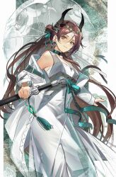Rule 34 | 1girl, absurdres, arknights, black choker, brown hair, choker, dress, highres, holding, holding sword, holding weapon, horns, jieyun (arknights), jieyun (away from dust) (arknights), long hair, looking at viewer, official alternate costume, parasol, pienahenggou, smile, solo, sword, umbrella, weapon, white dress, yellow eyes