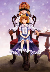 Rule 34 | 2girls, aged down, alice margatroid, alice margatroid (pc-98), bad id, bad pixiv id, blindfold, blonde hair, blouse, blunt bangs, boots, bow, chair, child, cross-laced footwear, cup, doll, doll joints, dress, dual persona, female focus, frilled skirt, frills, fukahire (ruinon), hair bow, hair ribbon, hairband, highres, joints, long sleeves, multiple girls, mystic square, platform footwear, puffy sleeves, red eyes, ribbon, saucer, shirt, short hair, short sleeves, sitting, sitting on lap, sitting on person, skirt, smile, socks, star (symbol), suspenders, table, teacup, teapot, touhou, touhou (pc-98), v arms