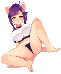 Rule 34 | 1girl, animal ears, barefoot, blush, breasts, cat ears, covered erect nipples, eyebrows, feet, full body, hand on own knee, large breasts, lillithlauda, long hair, looking at viewer, navel, purple hair, simple background, smile, solo, spread legs, white background, yellow eyes