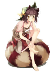 Rule 34 | 1girl, animal ears, arm support, barefoot, bow, breasts, brown eyes, brown hair, downblouse, full body, futatsuiwa mamizou, glasses, gorilla (bun0615), hat, hat bow, highres, leaf, leaf on head, nipple slip, nipples, raccoon ears, raccoon tail, shirt, simple background, sitting, skirt, small breasts, solo, tail, touhou