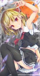 Rule 34 | 1girl, adapted costume, ahoge, arm up, armpits, black skirt, black thighhighs, black vest, blonde hair, blurry, blurry background, breasts, depth of field, feet out of frame, grey background, grin, hair ribbon, hand up, highres, knee up, lens flare, light blush, looking at viewer, midriff peek, nail polish, necktie, petticoat, red eyes, red necktie, red ribbon, ribbon, rumia, short hair, simple background, skirt, small breasts, smile, solo, teeth, thighhighs, touhou, uumaru, v-shaped eyebrows, vest, white nails