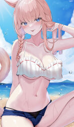 Rule 34 | 1girl, absurdres, animal ears, bare shoulders, beach, bikini, black bikini bottom, blue eyes, blue sky, braid, breasts, cat ears, cat girl, cat tail, cleavage, cloud, collarbone, denim, denim shorts, facial mark, fang, final fantasy, final fantasy xiv, hand in own hair, highres, large breasts, light brown hair, long hair, miqo&#039;te, navel, ocean, open fly, outdoors, shhilee, short shorts, shorts, side braid, signature, sitting, skin fang, sky, solo, stomach, swimsuit, tail, tongue, tongue out, underboob, warrior of light (ff14), wet, whisker markings, white bikini