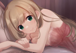 Rule 34 | 1girl, absurdres, blush, breasts, brown hair, cleavage, closed mouth, collarbone, green eyes, highres, idolmaster, idolmaster cinderella girls, idolmaster cinderella girls starlight stage, kamiyaminatsu, lingerie, long hair, looking at viewer, medium breasts, negligee, sato shin, smile, solo, underwear