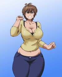 Rule 34 | amaha masane, breasts, brown eyes, brown hair, denim, jeans, kyelyn, large breasts, looking at viewer, mature female, pants, short hair, thick thighs, thighs, witchblade