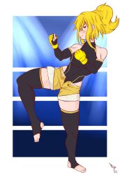 Rule 34 | &gt;:), 1girl, 3dboxing, absurdres, bare shoulders, black leotard, black thighhighs, blonde hair, blue eyes, blush, breasts, clenched hands, closed mouth, commentary, commission, covered collarbone, covered navel, english commentary, fingerless gloves, gloves, highres, leotard, leotard under clothes, medium breasts, no shoes, open clothes, open fly, open shorts, original, ponytail, short shorts, shorts, signature, smile, solo, standing, standing on one leg, stirrup legwear, thighhighs, toeless legwear, v-shaped eyebrows, yellow gloves, yellow shorts