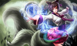 Rule 34 | 1girl, absurdres, ahri (league of legends), alternate costume, alternate hair length, alternate hairstyle, animal ears, black hair, dynasty ahri, facial mark, fox ears, fox tail, goomrrat, hair ornament, hair stick, hanbok, has bad revision, has downscaled revision, highres, korean clothes, league of legends, lips, md5 mismatch, multiple tails, orb, outstretched arms, resolution mismatch, short hair, smile, solo, source smaller, tail, whisker markings, yellow eyes