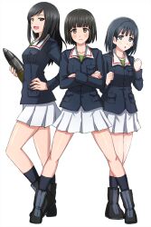 Rule 34 | 3girls, :o, alternate costume, black eyes, black footwear, black hair, black socks, blue eyes, blue hair, blue jacket, bob cut, boots, clenched hands, closed mouth, commentary, crossed arms, crossover, eniwa shii, frown, girls und panzer, green shirt, hand on own hip, heel up, highres, holding, jacket, koguma (super cub), legs apart, long hair, long sleeves, looking at viewer, military, military uniform, miniskirt, mole, mole under eye, multiple girls, omachi (slabco), ooarai military uniform, open mouth, pleated skirt, reiko (super cub), shirt, short hair, simple background, skirt, smile, socks, standing, super cub, tank shell, uniform, white background, white skirt, zipper