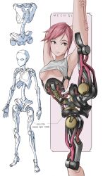 Rule 34 | 1girl, absurdres, android, breasts, brown eyes, commentary, english commentary, highres, joints, looking at viewer, original, pink hair, robot joints, short hair, skeleton, small breasts, solo, split, standing, standing on one leg, standing split, very short hair, zen (jirakun)