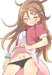 Rule 34 | 1girl, black panties, brown hair, caburi aki, cowboy shot, cropped jacket, dress, hair between eyes, heart, heart necklace, highres, jewelry, kagami tina, legs apart, long hair, looking at viewer, mushiking, necklace, open mouth, panties, pink dress, pubic tattoo, shin kouchuu ouja mushiking, simple background, smile, solo, tattoo, tsurime, two side up, underwear, white background, yellow eyes