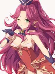 Rule 34 | 1girl, alisia0812, angela (seiken densetsu 3), bare shoulders, black gloves, blowing kiss, breasts, cleavage, collarbone, covered navel, detached collar, earrings, forehead, gloves, green eyes, hand up, heart, high ponytail, highres, jewelry, leotard, long hair, looking at viewer, medium breasts, one eye closed, parted bangs, parted lips, pointy ears, purple hair, red leotard, seiken densetsu, seiken densetsu 3, simple background, solo, strapless, strapless leotard, very long hair, waist cape, white background