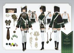 Rule 34 | 1girl, absurdres, alternate hairstyle, beret, bow, breasts, brooch, brown hair, capelet, character sheet, earrings, epaulettes, green eyes, hat, heraldry, highres, jewelry, large breasts, legwear garter, light brown hair, mascot, military uniform, monocle, multicolored hair, nagare sara, nail polish, necktie, nokachoco114, official alternate costume, official alternate hairstyle, prism project, sash, single legwear garter, snake, streaked hair, thigh strap, thighhighs, uniform, virtual youtuber, white snake