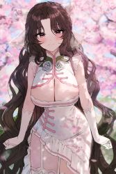 Rule 34 | 1girl, arms at sides, blurry, blurry background, blush, breasts, brown hair, cleavage, cleavage cutout, closed mouth, clothing cutout, commentary, commission, cowboy shot, curly hair, dress, falling petals, floral print, garter straps, gloves, highres, large breasts, long hair, looking at viewer, mole, mole under eye, original, parted bangs, petals, red eyes, sidelocks, sleeveless, sleeveless dress, smile, solo, sonchi, standing, thighhighs, tsurime, two-tone dress, very long hair, white dress, white garter straps, white gloves, white thighhighs