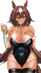 Rule 34 | 1girl, absurdres, animal ears, bare shoulders, black leotard, black thighhighs, breasts, brown hair, cleavage, collar, commentary request, ear ornament, hair between eyes, hand on own chest, highres, holding, holding collar, holding own leash, horse ears, horse girl, horse tail, large breasts, leotard, long hair, multicolored hair, nontraditional playboy bunny, red eyes, simple background, sirius symboli (umamusume), solo, strapless, strapless leotard, streaked hair, tail, tan, tanline, tessa (uma orfevre), thighhighs, umamusume, very long hair, white background, white hair, wrist cuffs