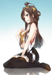 Rule 34 | 10s, 1girl, ahoge, bare shoulders, boots, breasts, brown hair, burnt clothes, double bun, full body, gradient background, hair bun, hair ornament, hairband, highres, japanese clothes, kantai collection, kongou (kancolle), long hair, masuishi kinoto, medium breasts, open mouth, personification, reflection, shima (shima je), sitting, solo, tears, thigh boots, thighhighs, wariza, zettai ryouiki