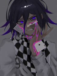 Rule 34 | 1boy, black hair, black scarf, blood, blue eyes, blue hair, card, checkered clothes, checkered scarf, danganronpa (series), danganronpa v3: killing harmony, flipped hair, grey background, grey jacket, grey scarf, hair between eyes, hand up, highres, injury, jacket, joh pierrot, long sleeves, male focus, messy hair, multicolored hair, oma kokichi, pink blood, playing card, scarf, short hair, simple background, two-tone hair, two-tone scarf