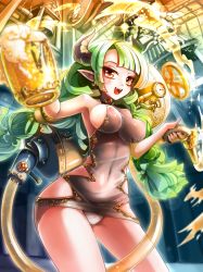 Rule 34 | 1girl, :d, alcohol, architecture, armpits, bare shoulders, beer, beer mug, blunt bangs, blurry, blush, bodysuit, bow, breasts, building, contrapposto, covered erect nipples, covered navel, cowboy shot, crystal, cup, demon horns, depth of field, dress, earrings, east asian architecture, fangs, gauge, gem, glint, green bow, green hair, grey dress, gun, hair ribbon, halterneck, highres, hm (hmongt), holding, holding gun, holding weapon, horns, hose nozzle, impossible clothes, impossible dress, indoors, jewelry, long hair, looking at viewer, low twintails, medium breasts, mug, nipples, open mouth, orange eyes, original, outdoors, panties, pantyshot, parted lips, pointy ears, red gemstone, ribbon, see-through, short dress, sideboob, skin tight, smile, solo, sparkle, standing, thighs, tube, twintails, underwear, valve, weapon, white panties