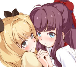 Rule 34 | 2girls, black eyes, black ribbon, blonde hair, blue eyes, blush, bow, brown hair, closed mouth, dutch angle, from side, hair bow, hair ribbon, holding hands, iijima yun, looking at viewer, lsizessize, multiple girls, new game!, ponytail, portrait, red bow, ribbon, shirt, smile, takimoto hifumi, white background, white shirt