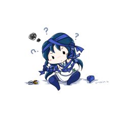 Rule 34 | 10s, 1girl, ?, artist name, bad id, bad pixiv id, blue hair, blue legwear, chibi, commentary request, confused, dress, hair ribbon, kantai collection, kingguyver, long hair, rei no himo, ribbon, sailor collar, sailor dress, scissors, simple background, solid circle eyes, solo, squiggle, suzukaze (kancolle), tress ribbon, twintails