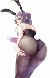 Rule 34 | 1girl, absurdres, animal ears, aotsuki kaoru, ass, ass focus, bare arms, bare shoulders, black hair, black leotard, black pantyhose, cellphone, commentary request, fake animal ears, fake tail, from behind, from below, hair ornament, hairclip, highres, holding, holding phone, leotard, long hair, looking at viewer, looking back, looking down, pantyhose, phone, playboy bunny, purple eyes, rabbit ears, rabbit tail, sakurajima mai, seishun buta yarou, simple background, smartphone, solo, tail, thighband pantyhose, white background, wrist cuffs