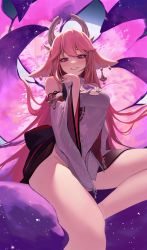 Rule 34 | 1girl, absurdres, bare shoulders, bburi, blush, detached sleeves, genshin impact, grin, hair between eyes, highres, japanese clothes, kimono, long hair, long sleeves, looking at viewer, parted lips, pink hair, purple eyes, sitting, smile, solo, thighs, very long hair, wide sleeves, yae miko