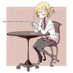 Rule 34 | 1girl, bad id, bad pixiv id, black pantyhose, blonde hair, blush, chair, chika (orange pop), cup, english text, closed eyes, female focus, full body, hair ornament, hairclip, necktie, original, pantyhose, ponytail, saucer, short hair, sitting, skirt, smile, solo, steam, sweater, table, teacup