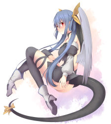 Rule 34 | 1girl, angel wings, arc system works, ass, asymmetrical wings, bare shoulders, black thighhighs, blue hair, blush, boots, bow, choker, detached sleeves, dizzy (guilty gear), feathers, guilty gear, guilty gear x, guilty gear xx, hair bow, lauqe, long hair, red eyes, ribbon, solo, tail, tail ornament, tail ribbon, thighhighs, twintails, wings