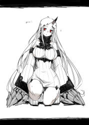 Rule 34 | 1girl, abyssal ship, blush, breasts, claws, colored skin, detached sleeves, dress, horns, kantai collection, large breasts, letterboxed, long hair, looking at viewer, on one knee, oso (toolate), pale skin, parted lips, red eyes, ribbed dress, seaport princess, sideboob, simple background, single horn, solo, sweat, sweater, sweater dress, twitter username, very long hair, white background, white hair, white skin