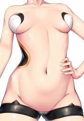 Rule 34 | 1girl, absurdres, bare shoulders, breasts, breasts apart, collarbone, commentary request, contrapposto, covered erect nipples, feet out of frame, fingernails, gluteal fold, hand on own hip, head out of frame, highres, honkai (series), honkai impact 3rd, kiana kaslana, kojo (0124), legs apart, medium breasts, micro shorts, revealing clothes, shorts, solo