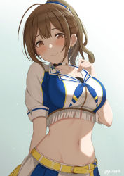 Rule 34 | 1girl, ahoge, aqua background, belt, belt buckle, blue neckerchief, blush, breasts, brown eyes, brown hair, buckle, choker, cleavage, closed mouth, commentary request, cowboy shot, crop top, earrings, fringe trim, gradient background, hand on own chest, highres, idolmaster, idolmaster shiny colors, jewelry, kuwayama chiyuki, large breasts, looking at viewer, midriff, navel, neckerchief, panna444, ponytail, short hair, short ponytail, short sleeves, smile, solo, star (symbol), stomach, twitter username