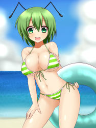 Rule 34 | 1girl, aged up, alternate breast size, antennae, bad id, bad pixiv id, beach, bikini, blue sky, breasts, cleavage, cloud, collarbone, day, front-tie bikini top, front-tie top, green bikini, green eyes, green hair, haniwagi (hal), innertube, large breasts, looking at viewer, matching hair/eyes, navel, o-ring, o-ring top, ocean, open mouth, outdoors, shiny skin, side-tie bikini bottom, sky, smile, solo, striped bikini, striped clothes, swim ring, swimsuit, touhou, underboob, wriggle nightbug