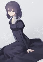 Rule 34 | 1girl, arms at sides, black dress, black hair, closed mouth, commentary, dress, dutch angle, expressionless, floral background, grey background, grey eyes, hair between eyes, head tilt, highres, juliet sleeves, kuonji alice, light particles, long sleeves, looking at viewer, mahou tsukai no yoru, nozawa noko, puffy sleeves, short hair, simple background, sitting, sketch, solo