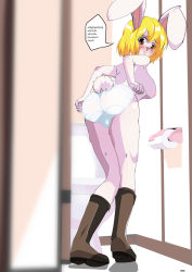 Rule 34 | 1girl,  girl, animal ears, animal nose, artist request, ass, bathroom, blonde hair, blurry, blurry foreground, blush, boots, breasts, brown footwear, bulge, butt crack, carrot (one piece), clothes pull, female focus, from behind, full body, furry, futanari, highres, knee boots, knees together feet apart, language request, looking at viewer, looking back, nipples, one piece, panties, panties only, panty pull, pulled by self, rabbit ears, rabbit girl, rabbit nose, rabbit tail, red eyes, signature, solo, speech bubble, standing, tail, tail hole, toilet, toilet paper, underwear, underwear only, white panties