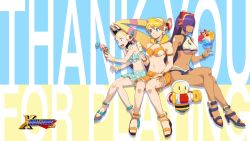 Rule 34 | 3girls, alia (mega man), android, artist request, bikini, bikini top only, blonde hair, blue eyes, bracelet, breasts, cleavage, closed mouth, cup, dark skin, dark-skinned female, food, frilled bikini, frilled bikini top, frills, front-tie bikini top, front-tie top, full body, hair over eyes, headgear, headset, highres, hime cut, ice cream, ice cream cone, jewelry, knees together feet apart, large breasts, layer (mega man), crossed legs, lips, long hair, mega man (series), mega man x (series), mole, multiple girls, navel, official art, open mouth, pallette (mega man), popsicle, purple hair, robot ears, sandals, sarong, sitting, smile, swimsuit, underboob, zero (mega man)