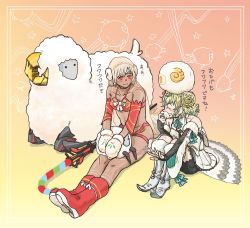Rule 34 | 1boy, 1girl, altera (fate), altera the santa (fate), apollo (fate), boots, breasts, dark-skinned female, dark skin, detached sleeves, earmuffs, fake facial hair, fake mustache, fate/grand order, fate (series), green hair, mittens, paris (fate), red eyes, sheep, sitting, small breasts, smile, trait connection, veil, white hair, white mittens