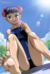 Rule 34 | 00s, 1girl, 2006, :p, absurdres, alternate hairstyle, barefoot, blue hair, blue one-piece swimsuit, blue sky, blurry, bow, breasts, casual one-piece swimsuit, chain-link fence, choko, choko (chokotto sister), chokotto sister, cloud, crotch, day, depth of field, dutch angle, feet, fence, food, foot focus, full body, hair bow, hair up, highres, holding, ice cream, ice cream cone, kikuchi satonobu, legs, lens flare, light rays, looking at viewer, megami magazine, official art, one-piece swimsuit, outdoors, pink eyes, poolside, purple eyes, scan, shadow, shiny skin, short hair, sitting, sky, small breasts, soles, solo, spread toes, sun, sunbeam, sunlight, swimsuit, toes, tongue, tongue out, tree