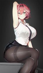 Rule 34 | 1girl, arm behind head, black background, black choker, black necktie, black shorts, blue eyes, breasts, brown pantyhose, choker, collared shirt, desk, feet out of frame, hair between eyes, head wings, highres, hololive, large breasts, looking at viewer, necktie, on desk, pantyhose, parted lips, pink hair, shirt, shorts, simple background, sitting, on desk, sleeveless, sleeveless shirt, smile, solo, takane lui, varniskarnis, virtual youtuber, white shirt, wings
